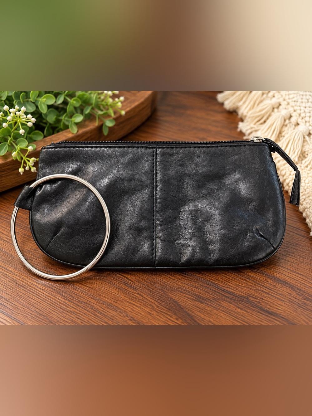 Black Faux Leather Wristlet Clutch with Silver Ring